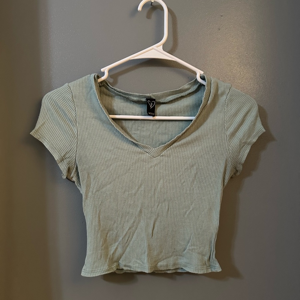 Women's Ribbed V-Neck Top - blue grey